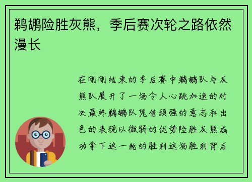 鹈鹕险胜灰熊，季后赛次轮之路依然漫长