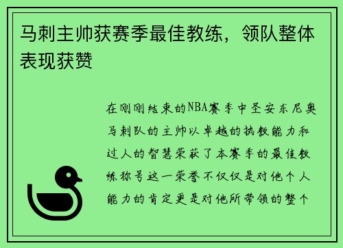 马刺主帅获赛季最佳教练，领队整体表现获赞